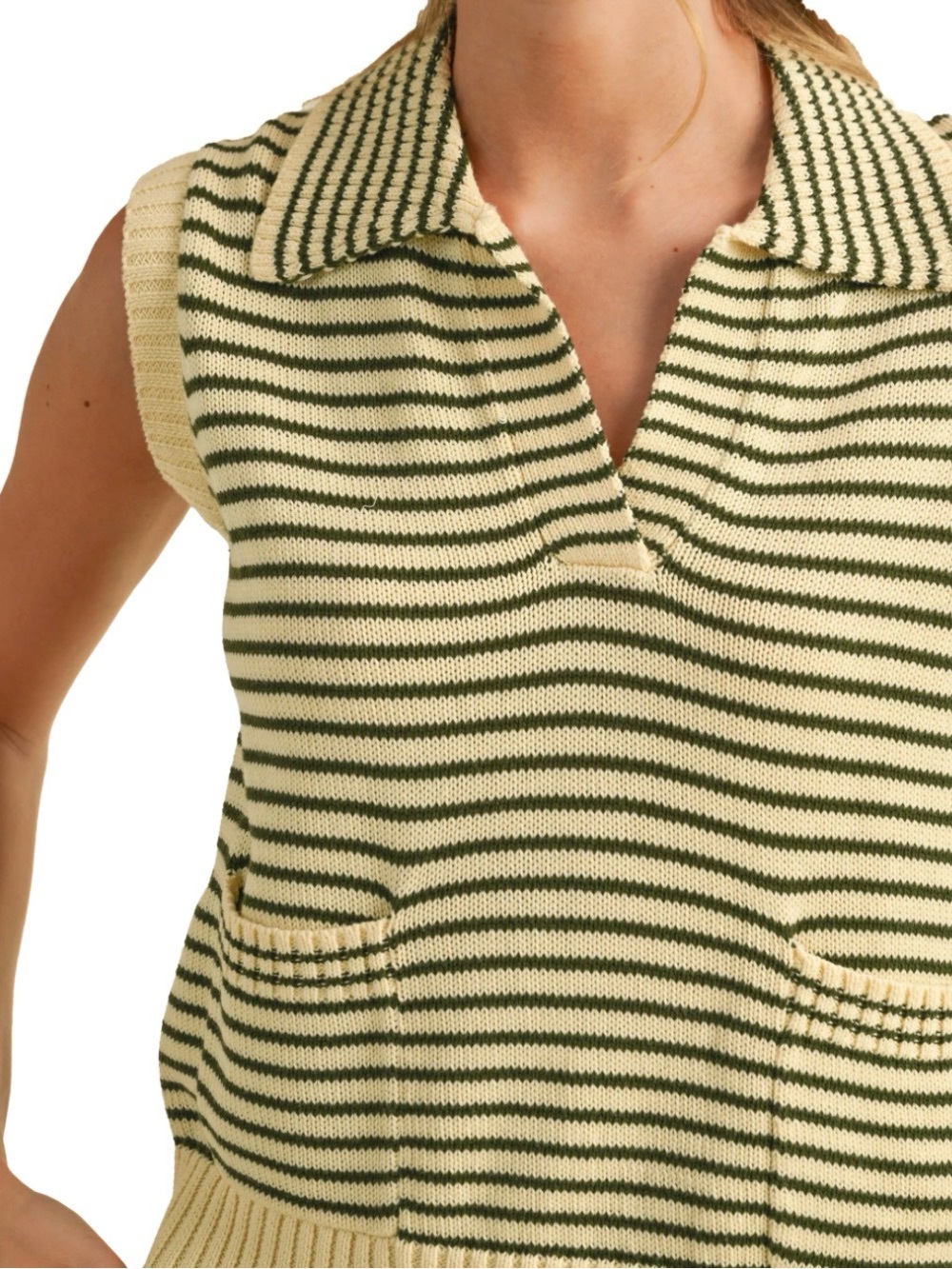 Heyson sleeveless, olive and cream striped knit sweater